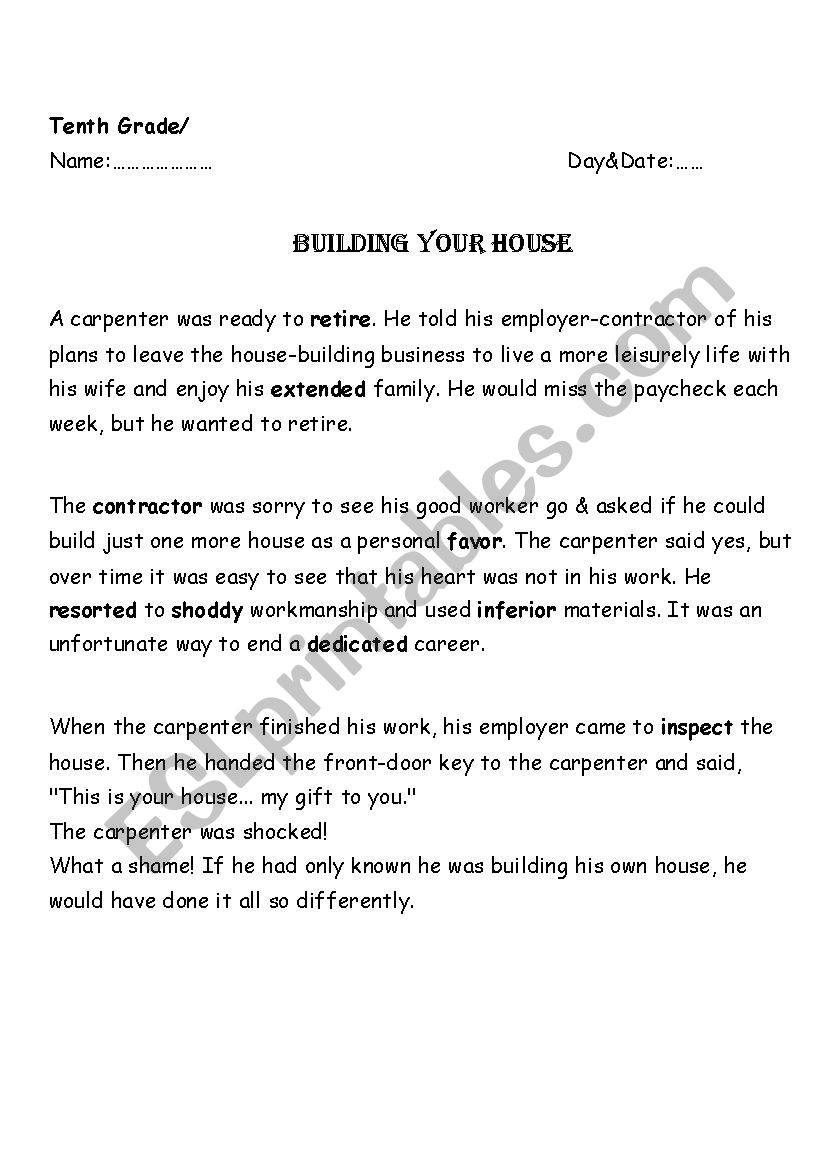 building your house worksheet