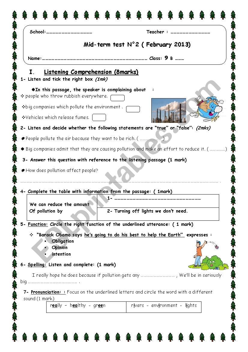 9th form mid-term test 2 about pollution