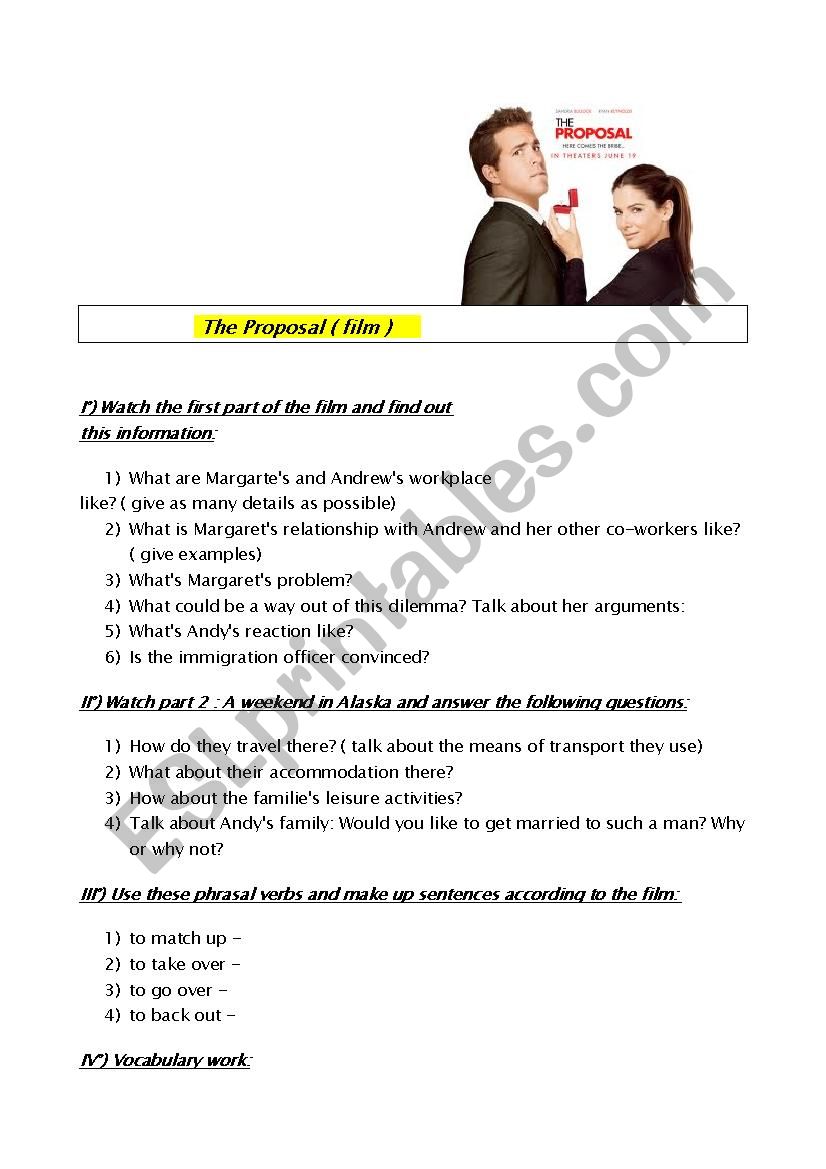 film the Proposal  worksheet