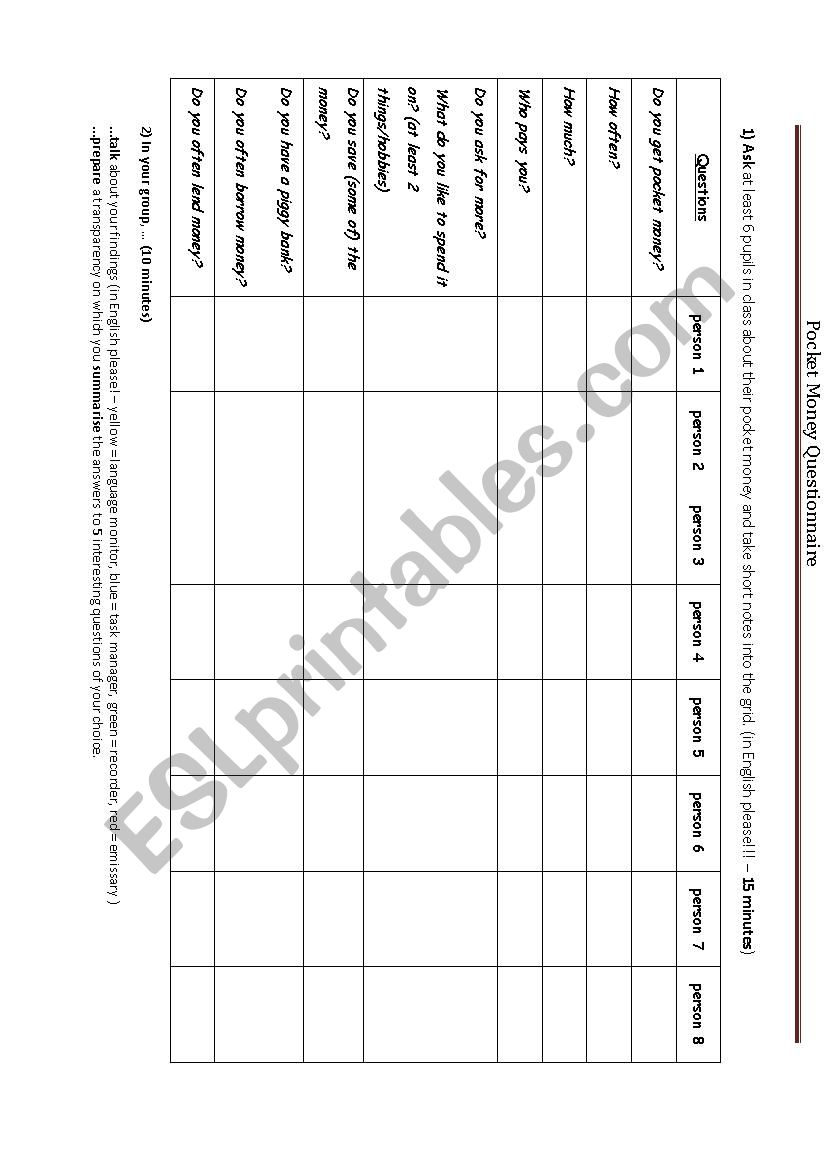 pocket money questionnaire worksheet