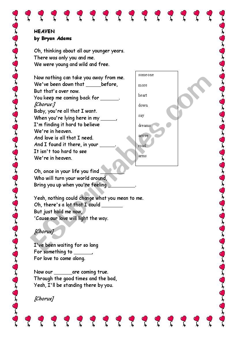 Bryan Adams Heaven worksheet