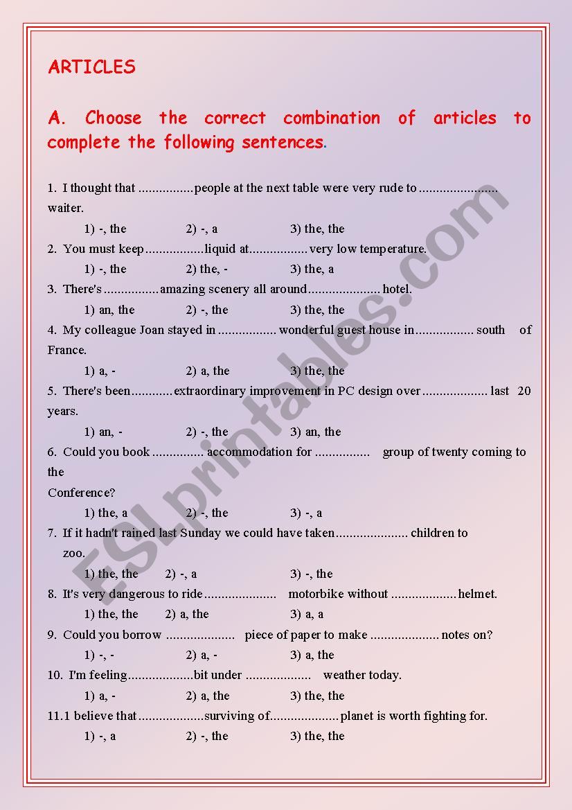 Articles worksheet