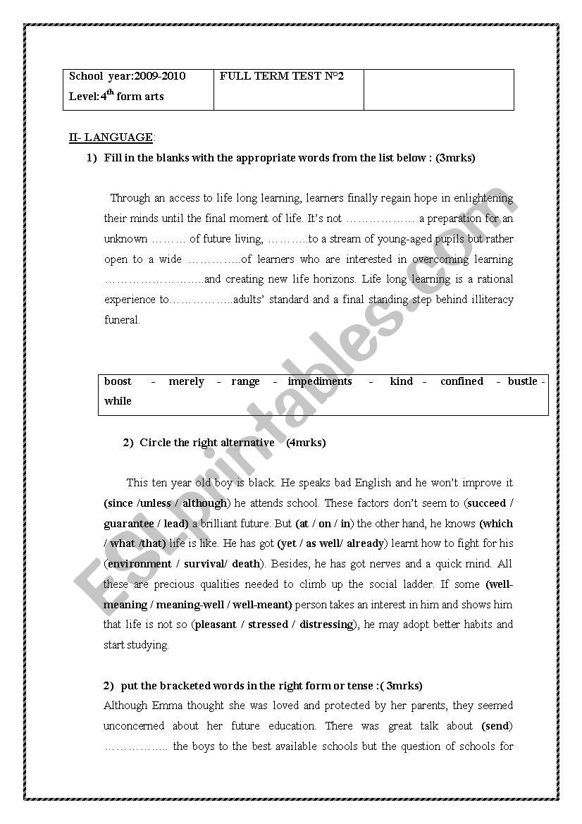 english test worksheet