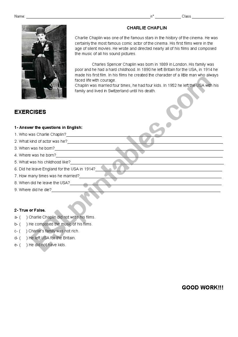 Charle Chaplin worksheet