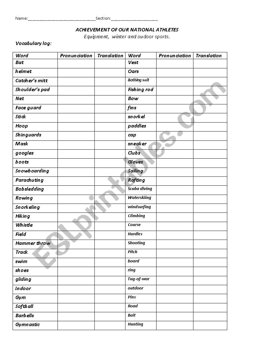 Sports & Equipment worksheet