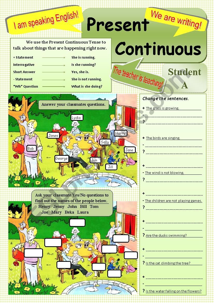 PRESENT CONTINUOUS - Worksheet, Talking activity, Lesson Plan