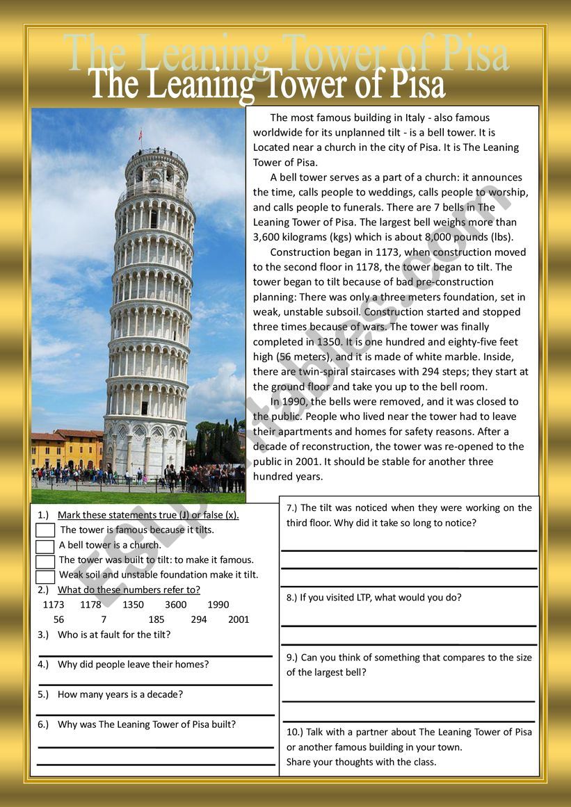 The Leaning Tower of Pisa Reading Comprehension Practice Exercises
