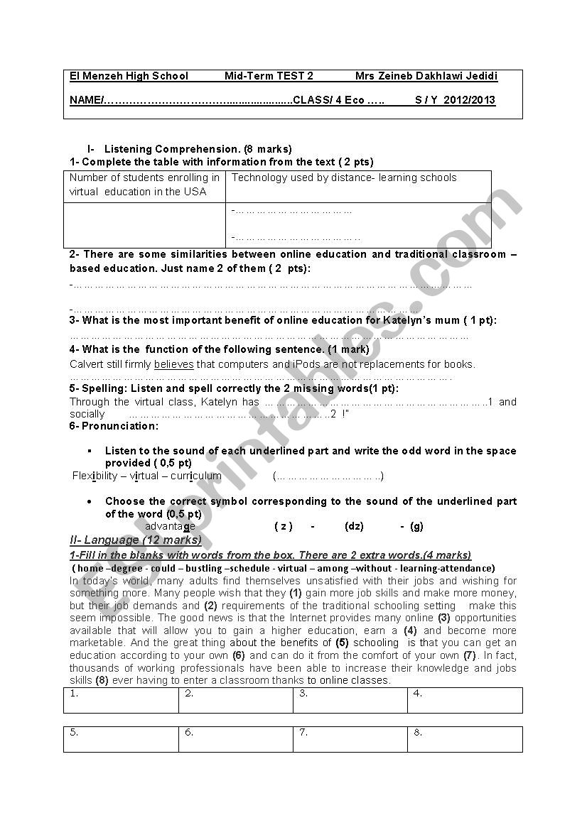 MID TERM  TEST 2 For Tunisian 4th Secondary Year Formers (Bac)