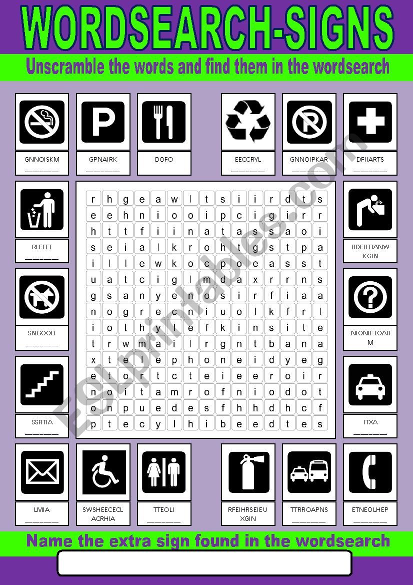 Common Signs Wordsearch worksheet