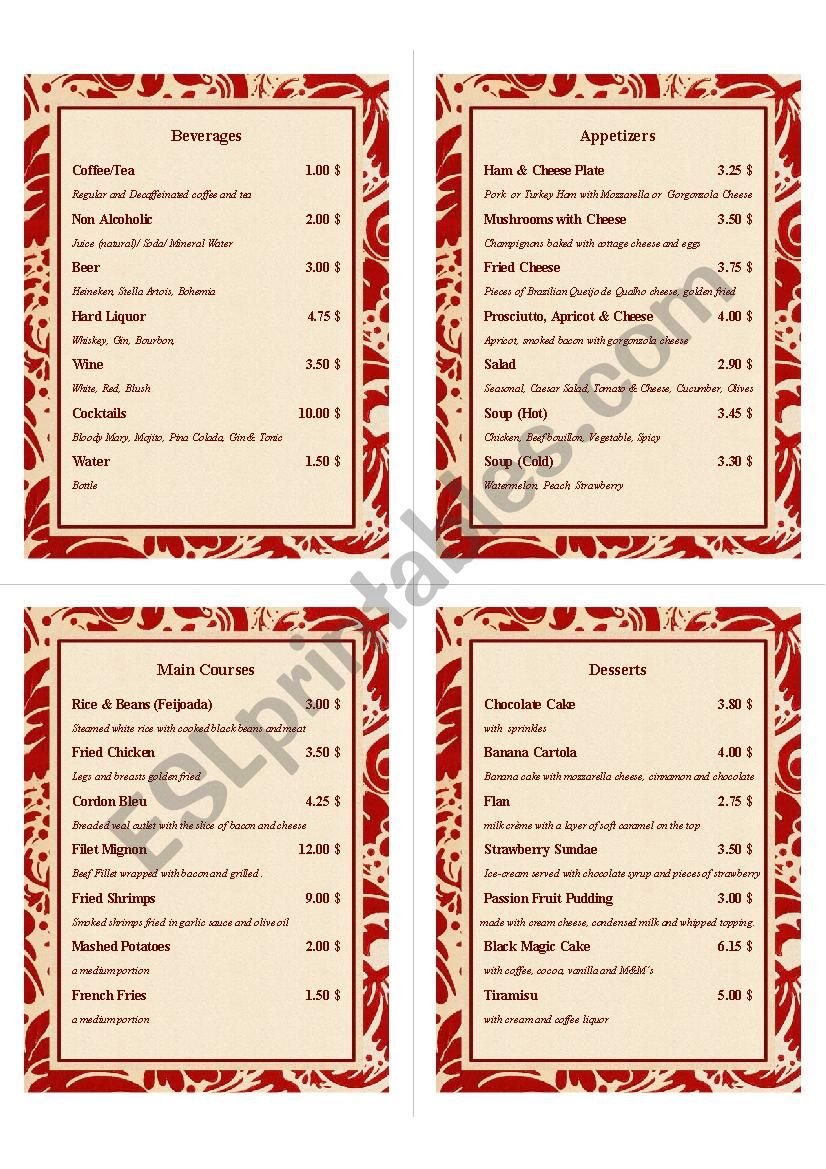 Menu worksheet