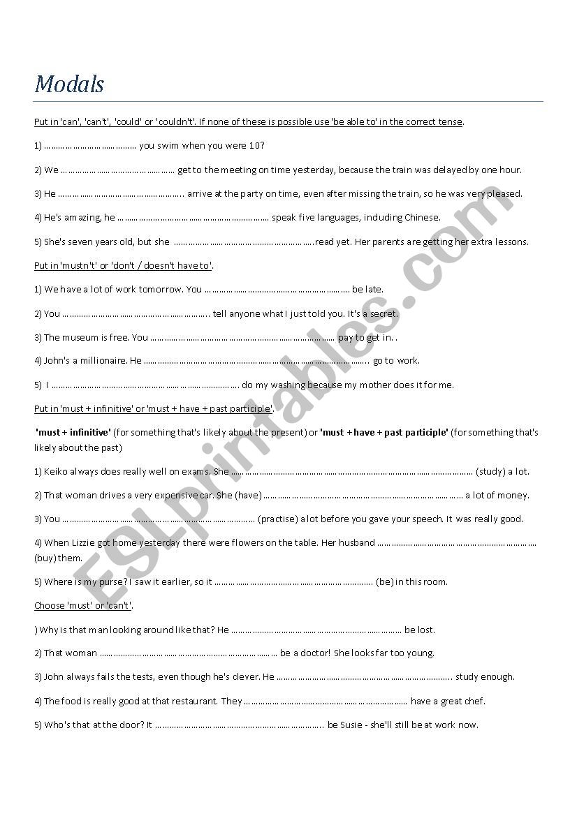 Exercises on Modals worksheet
