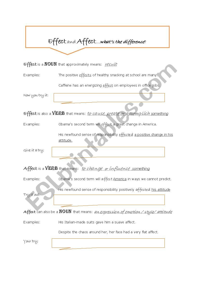 Effect and Affect: What´s the Difference? - ESL worksheet by Marci me In Affect Vs Effect Worksheet
