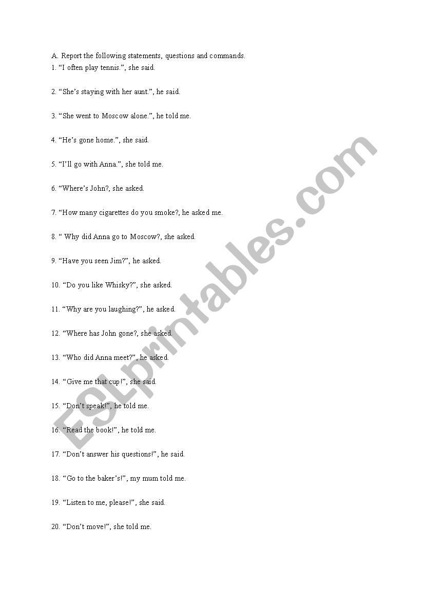 Reported Speech practice worksheet