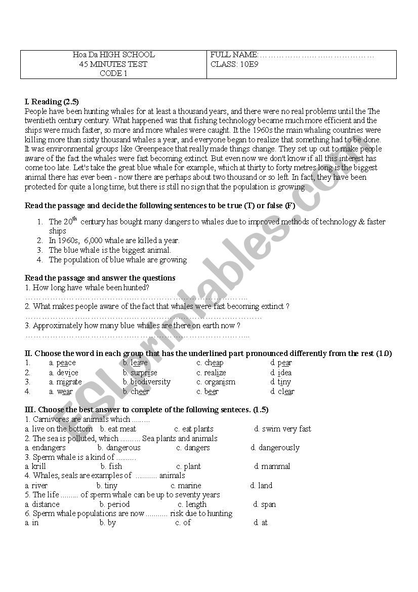 45 minutes test worksheet
