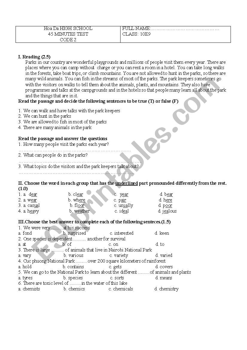45 minutes test worksheet