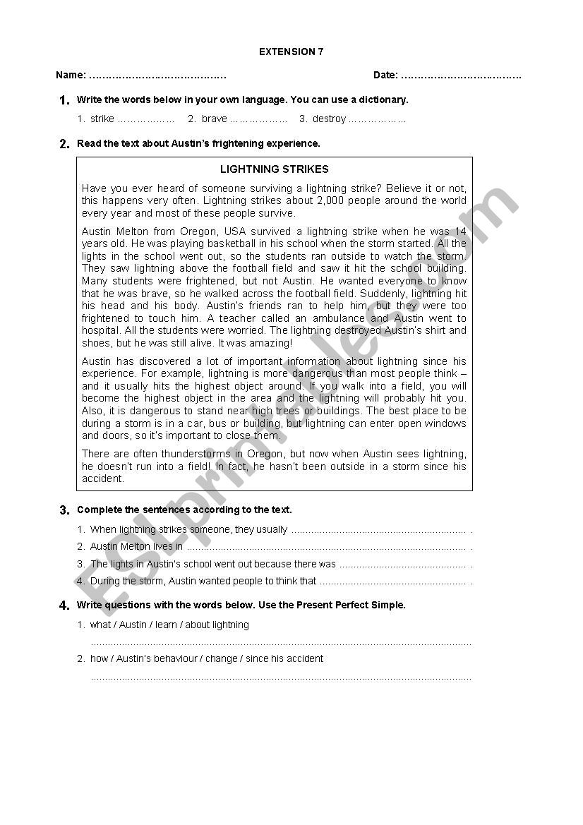 Reading Extension (Part 7) worksheet