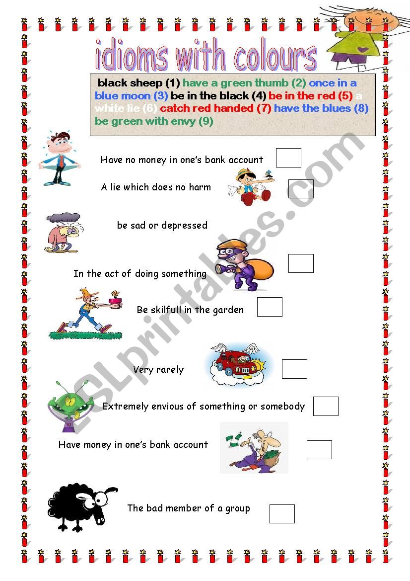 Idioms with colours worksheet