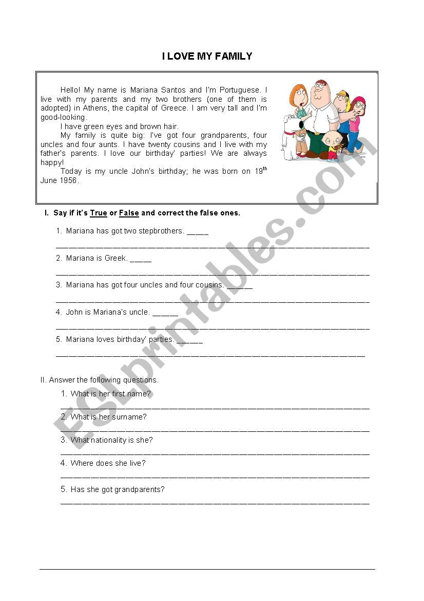 I love my family - Test worksheet