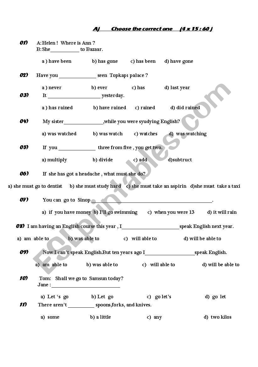 a general test worksheet