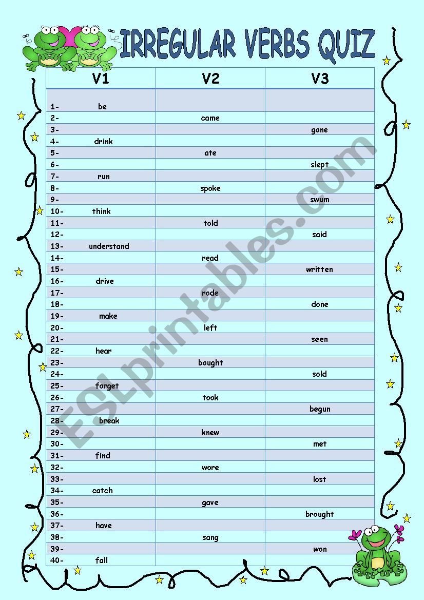 irregular verbs quiz worksheet