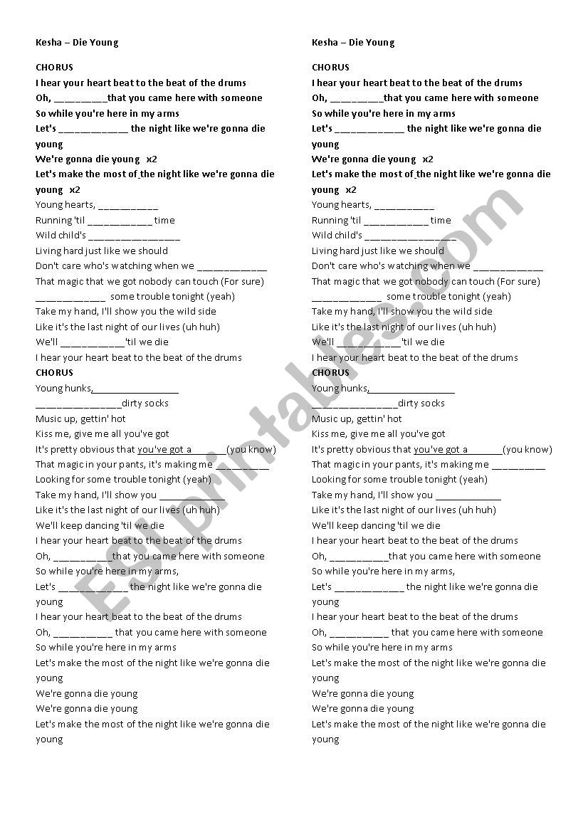 Kesha -  Die Young Song worksheet