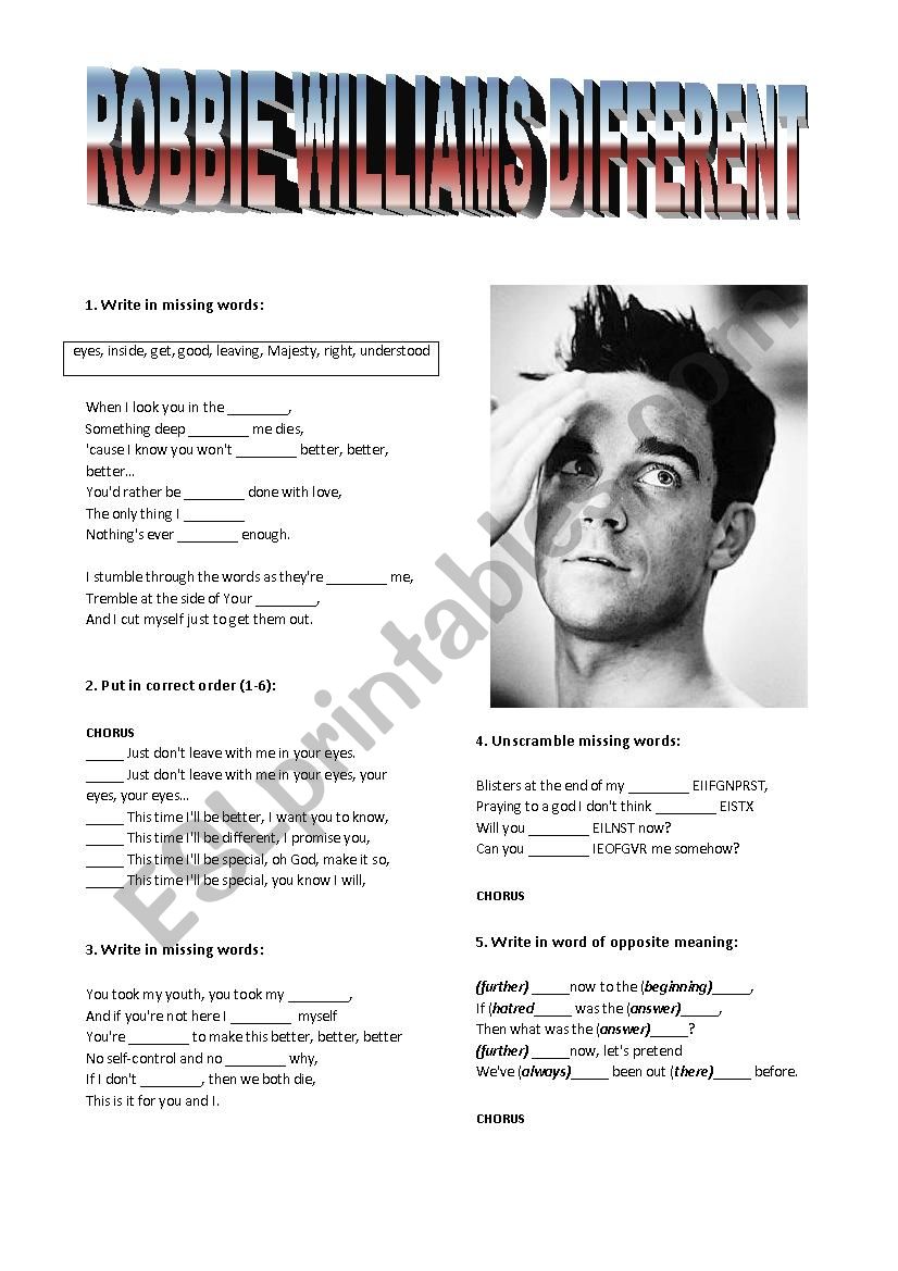 ROBBIE WILLIAMS DIFFERENT worksheet