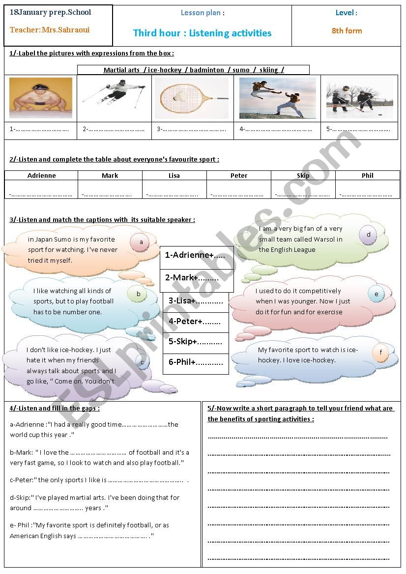 listening & writing activities:about sporting activities