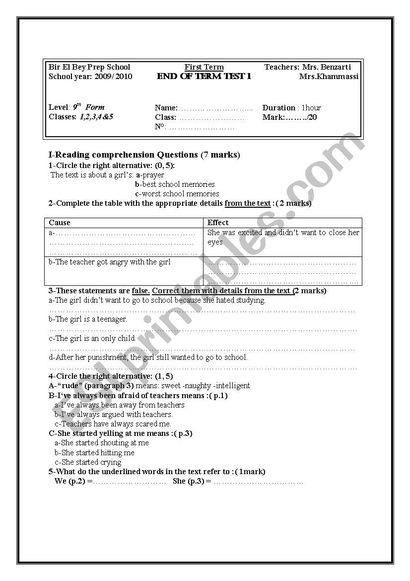 end of term test 1 worksheet