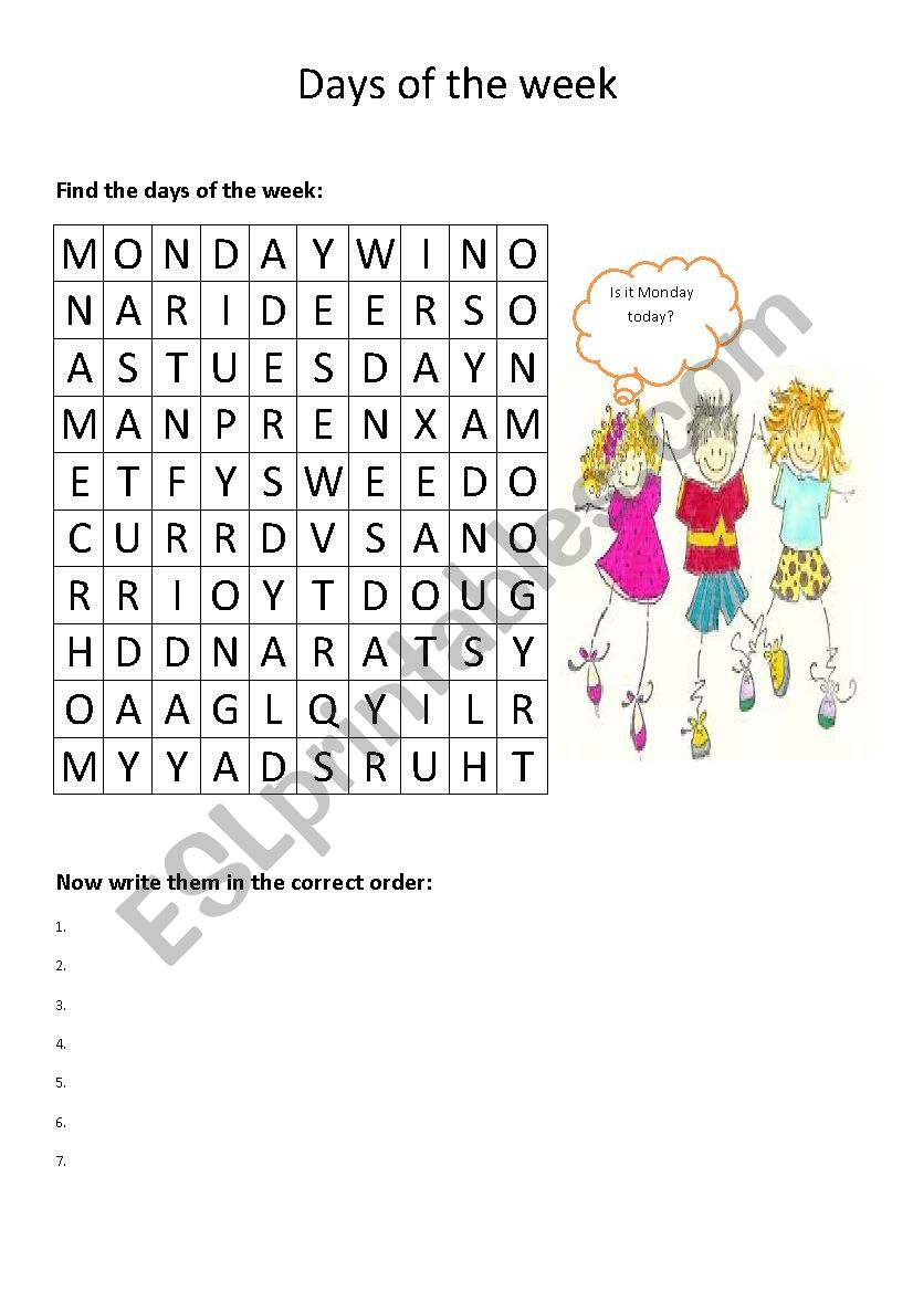 Days of the week crossword worksheet