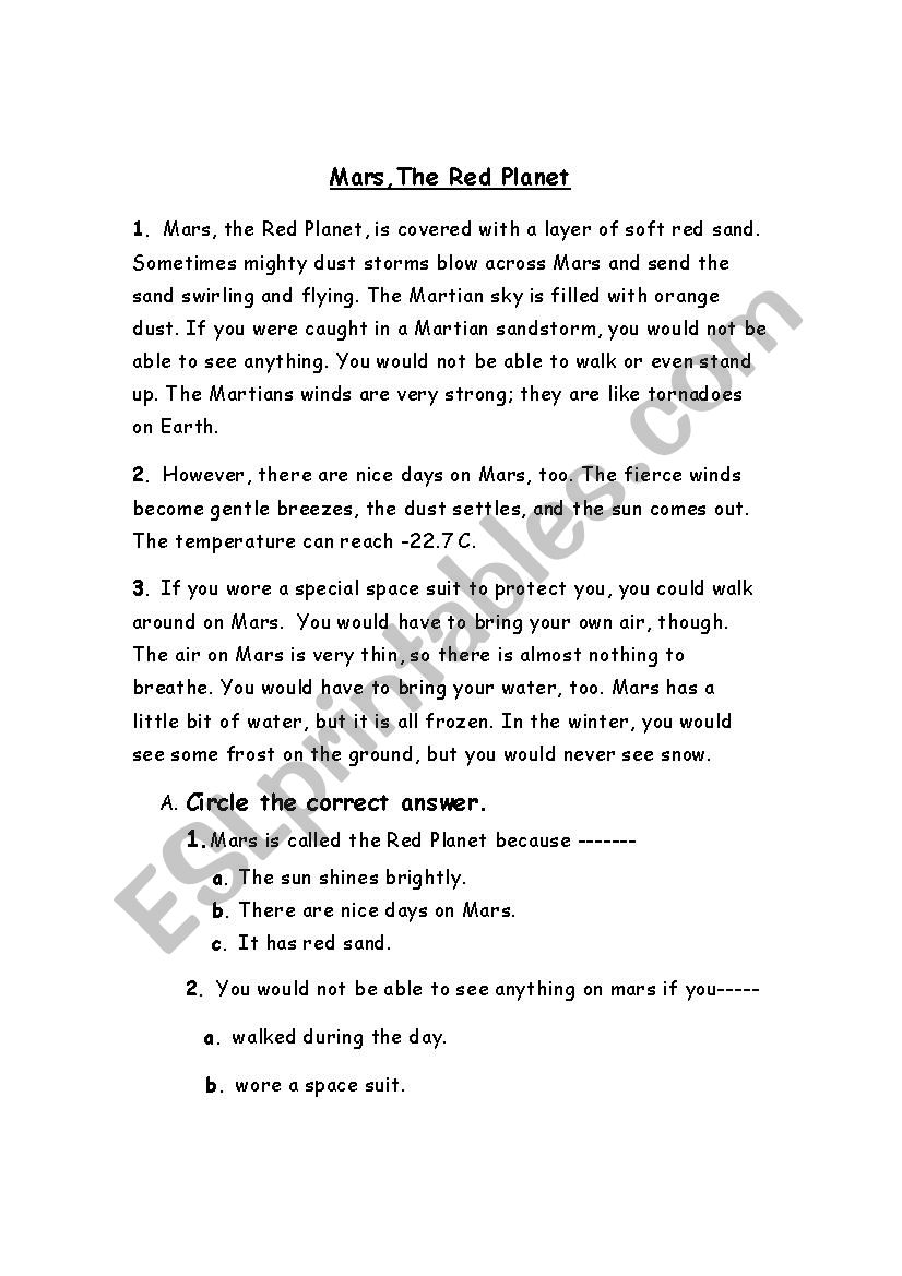 MARS,THE RED PLANET  worksheet