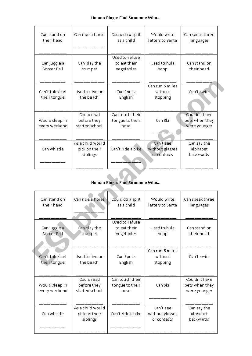 Human Bingo worksheet