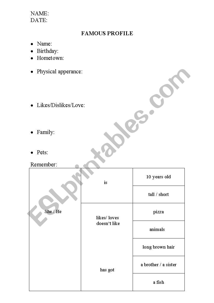 Writing: Famous profile worksheet