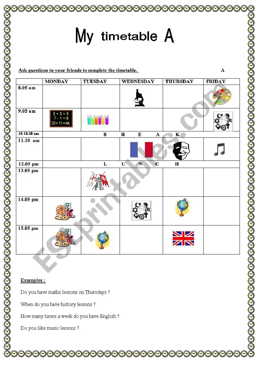 my timetable worksheet