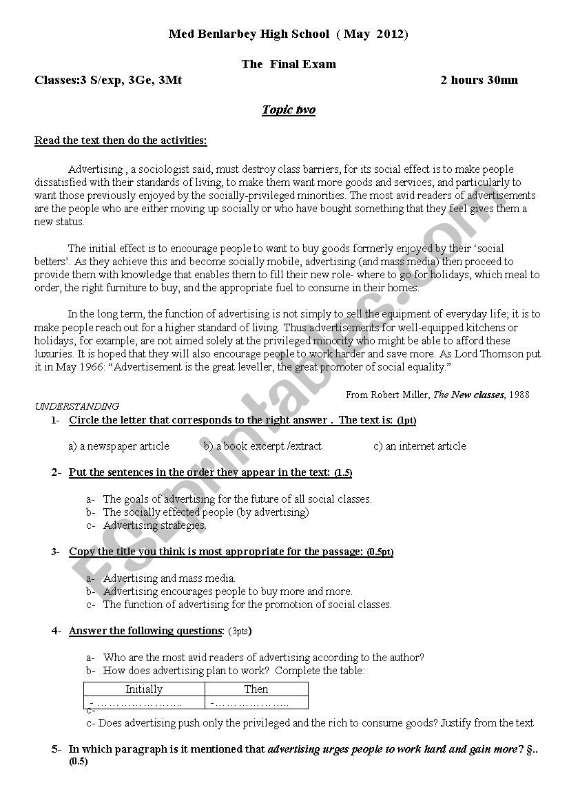  an exam about advertising worksheet