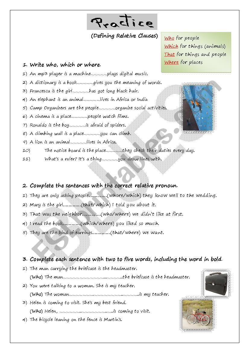 Defining Relative Clauses worksheet