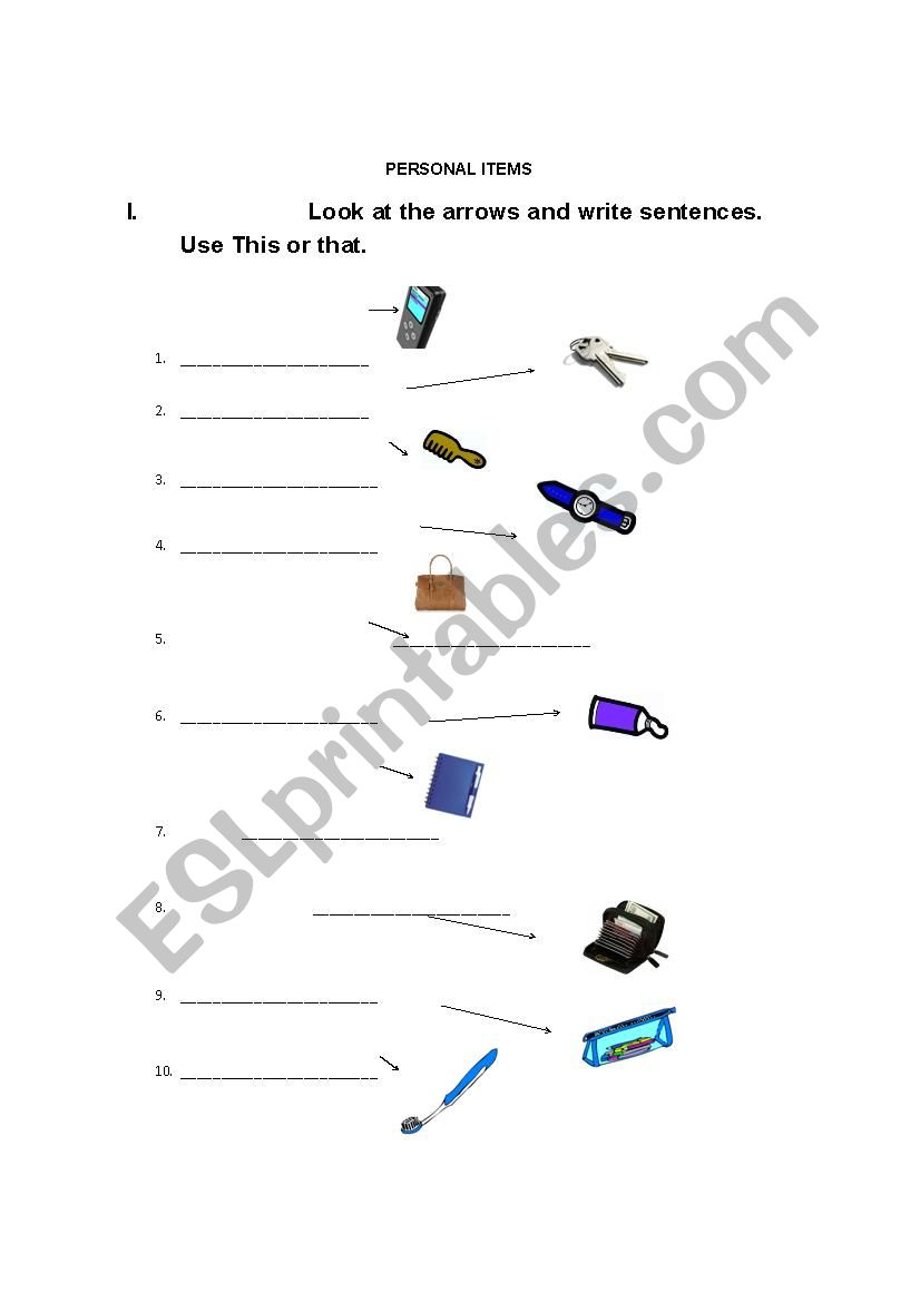 Personal Items worksheet