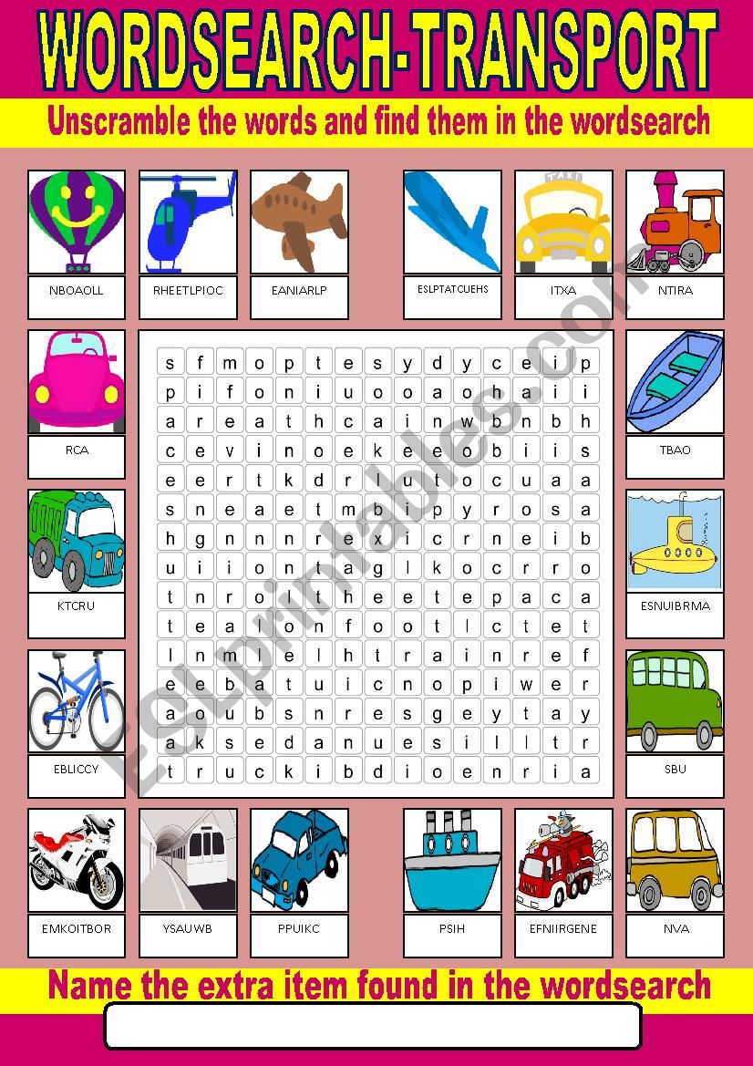 Transport Wordsearch worksheet