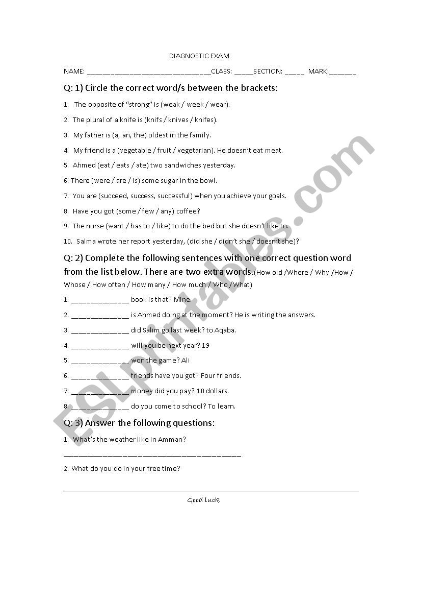 Diagnostic Test worksheet