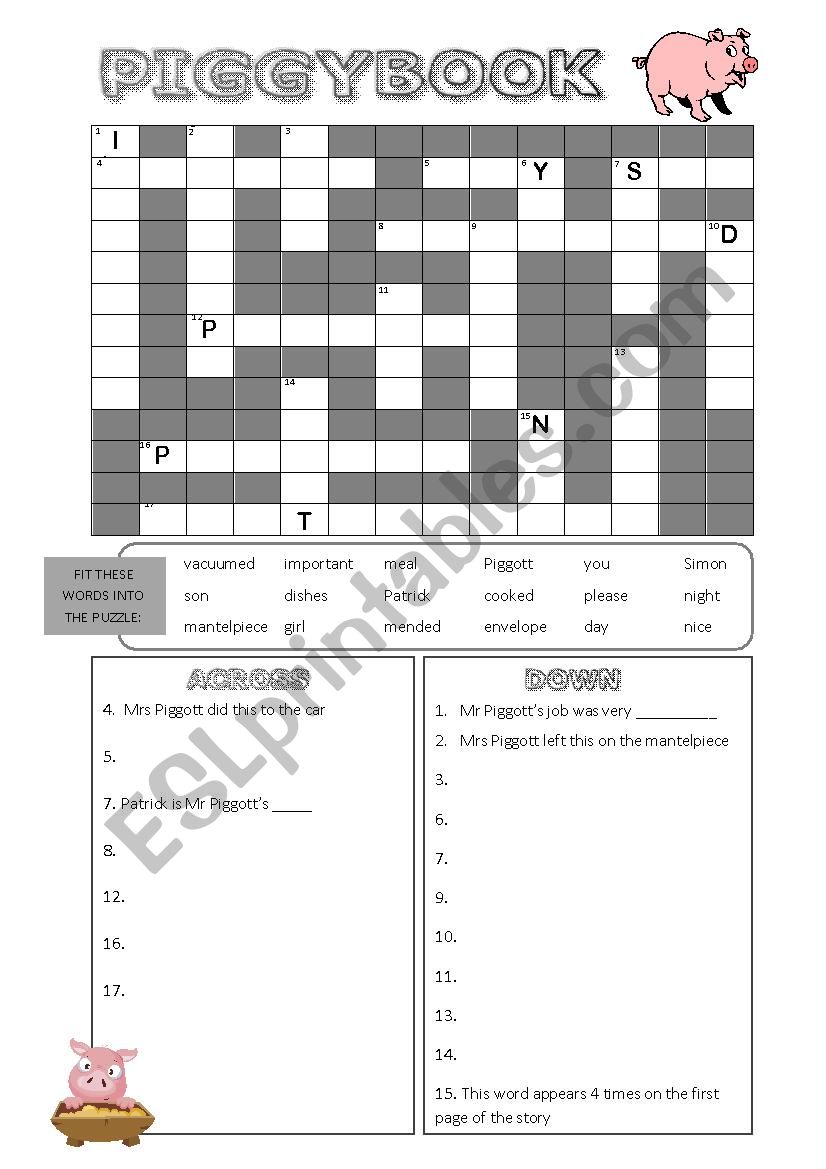 Piggybook Vocab crossword worksheet