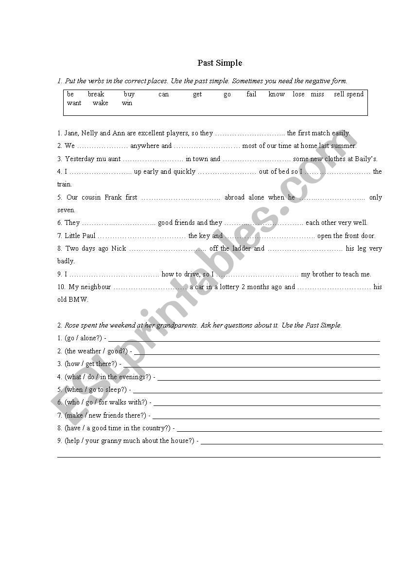 Past Simple fill-in exercises worksheet