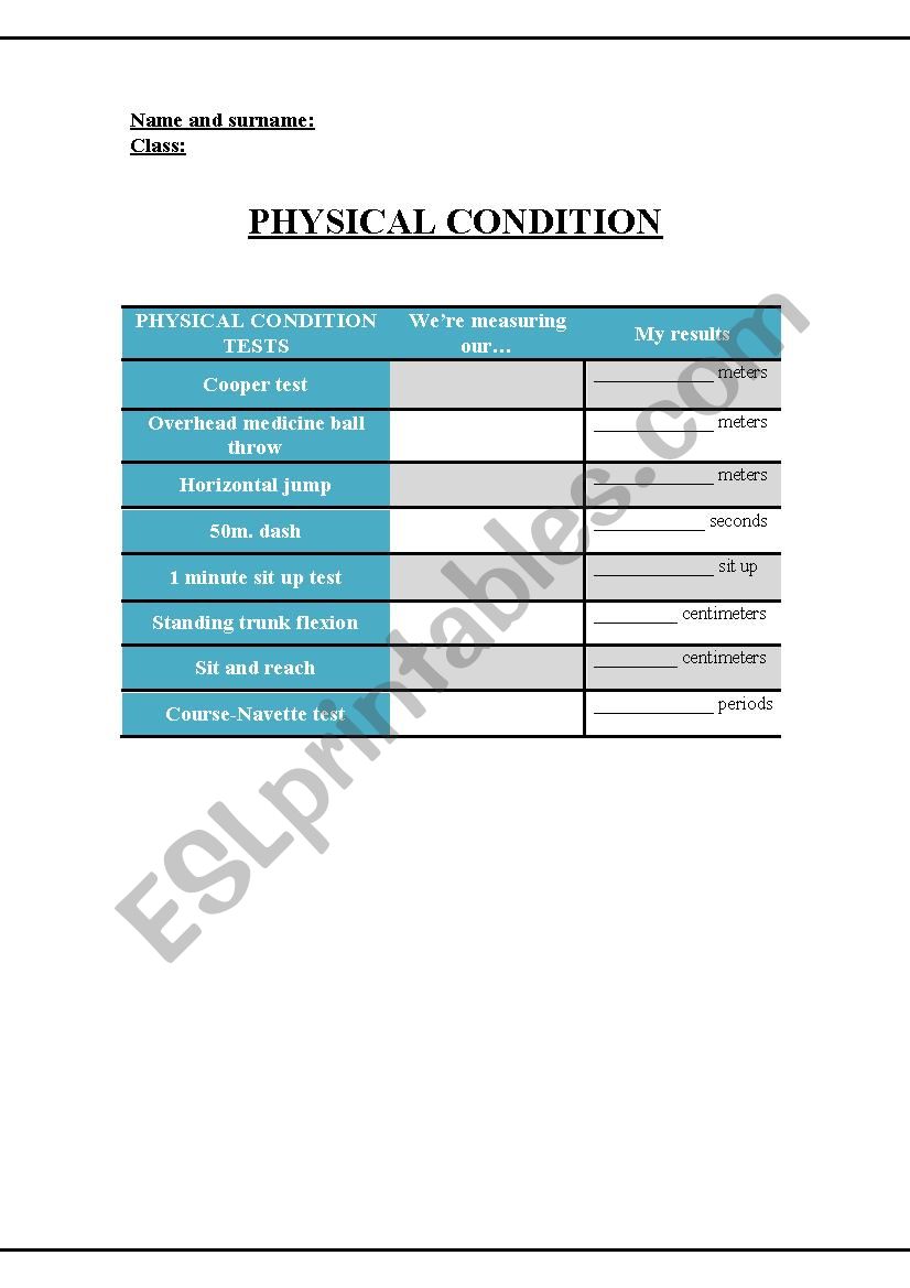 Physical condition tests worksheet