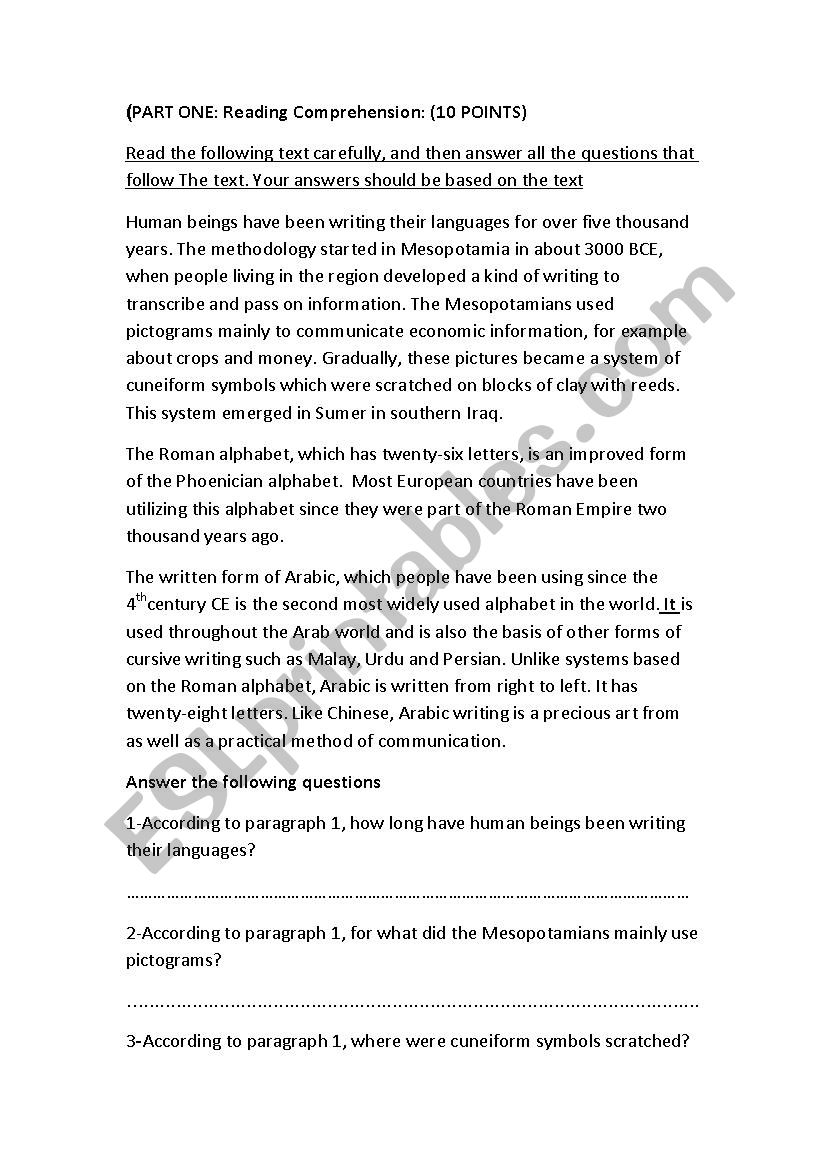 Reading Comprehension worksheet