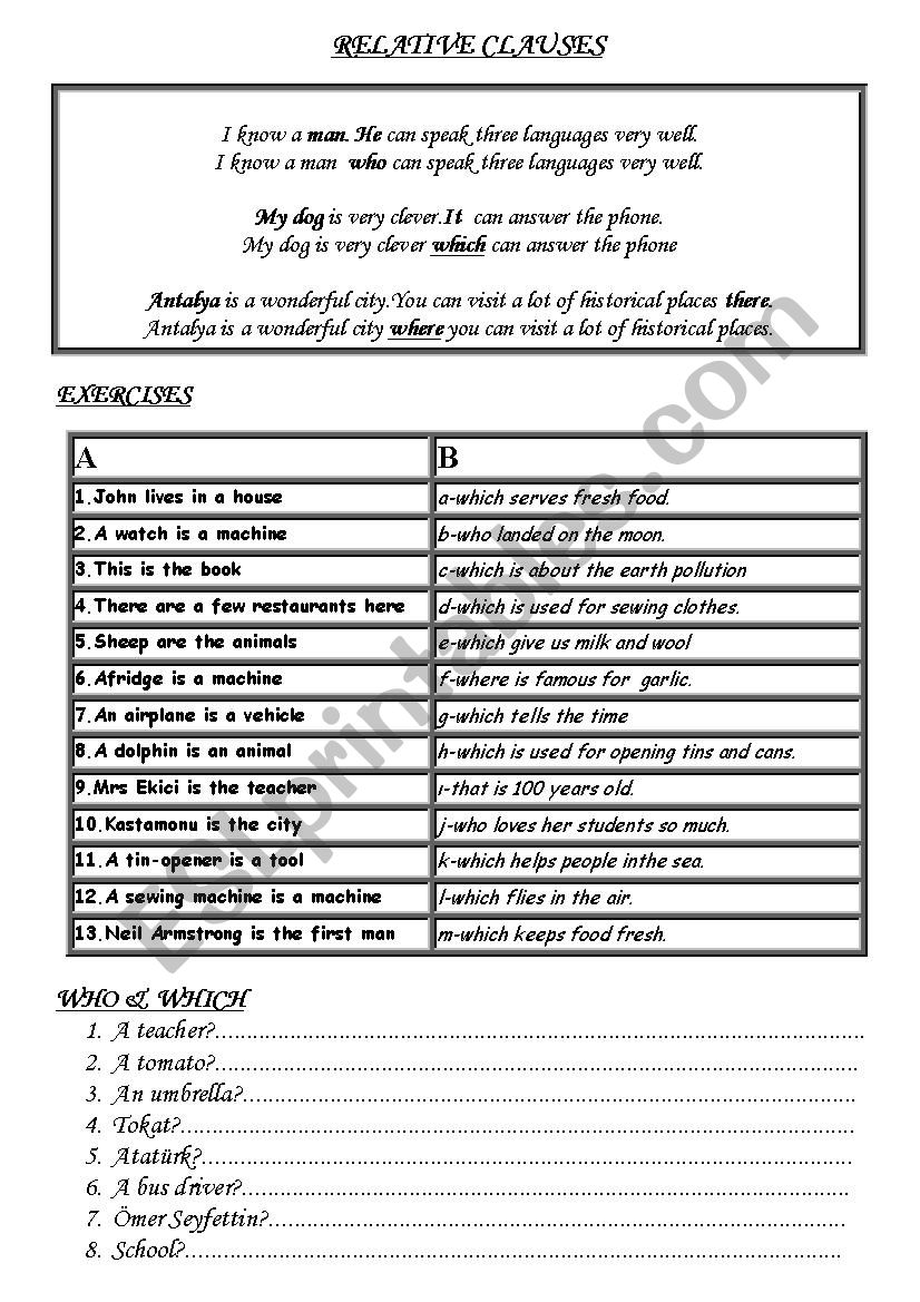 relative clause worksheet