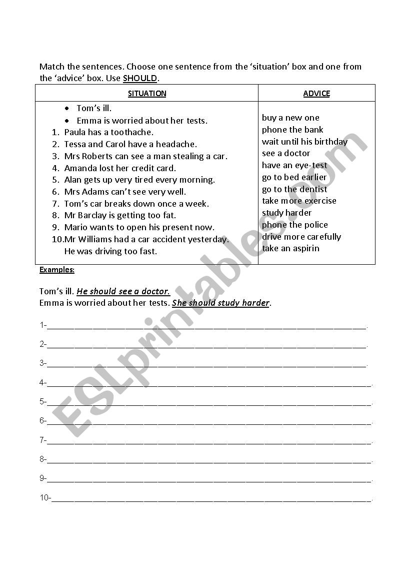 Should - Matching Exercise worksheet