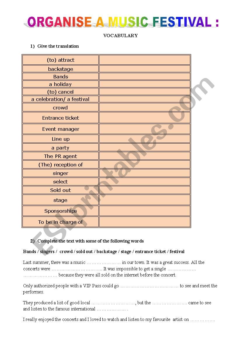 oRGANISE A MUSIC FESTIVAL - VOCABULARY