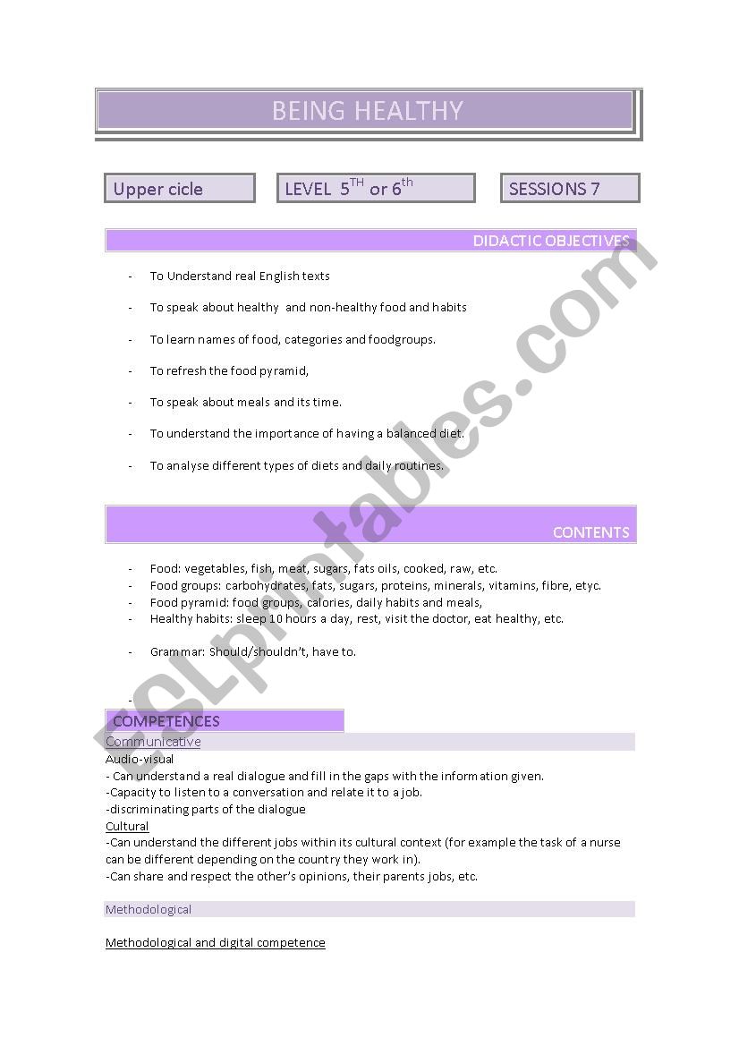 Being healthy worksheet