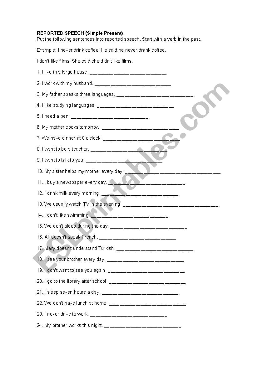 reported speech worksheet