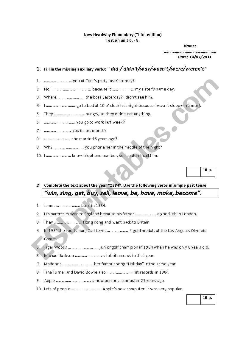 test on simple past tense worksheet