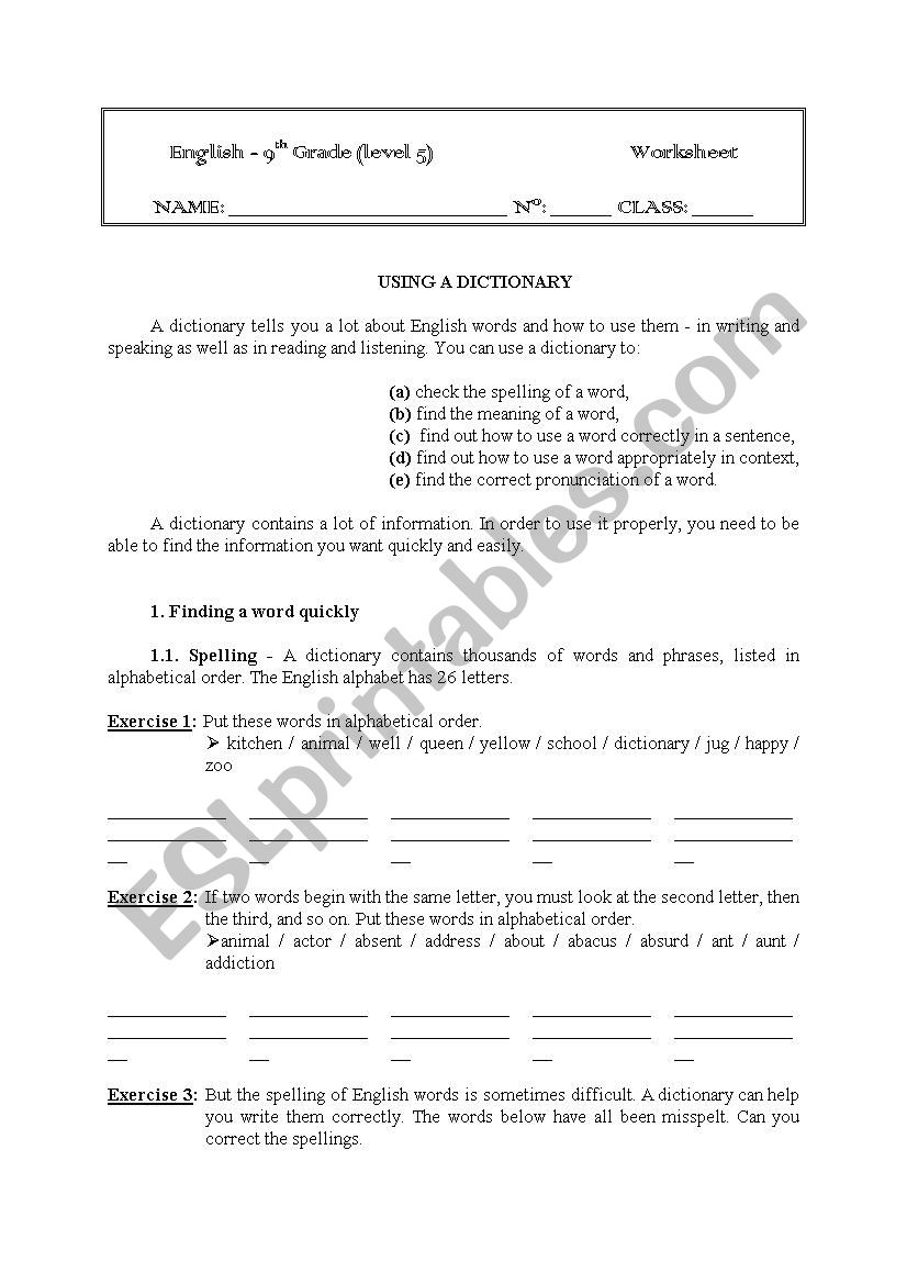 Using A Dictionary ESL Worksheet By Fatimanevescola