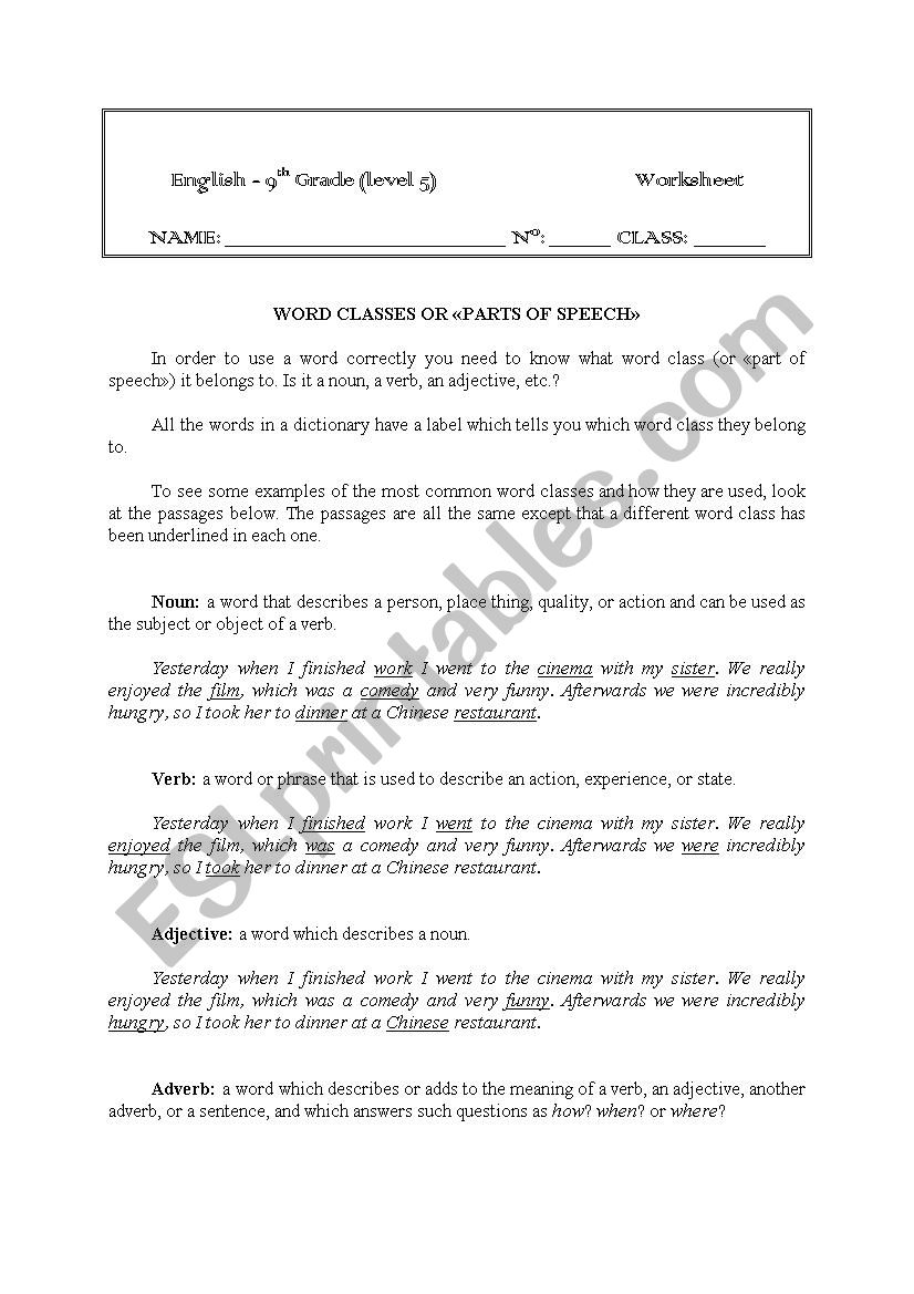 Parts of speech worksheet